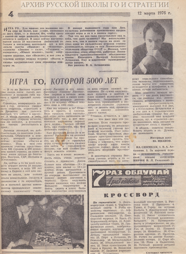 Интервью с основателем Го в СССР В. Асташкиным в газете Горьковский рабочий,  от 12 марта 1976 года, № 60